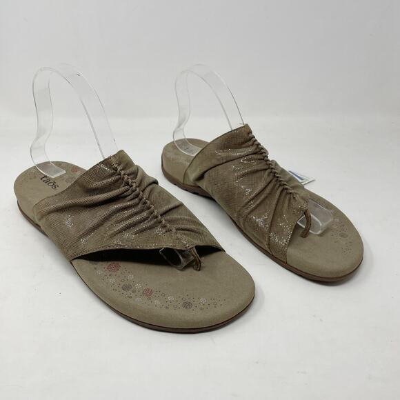 Taos Gift 2 Ruched Leather Comfort Shoes Sandals Metallic Tan Taupe women 10 New - Picture 1 of 15